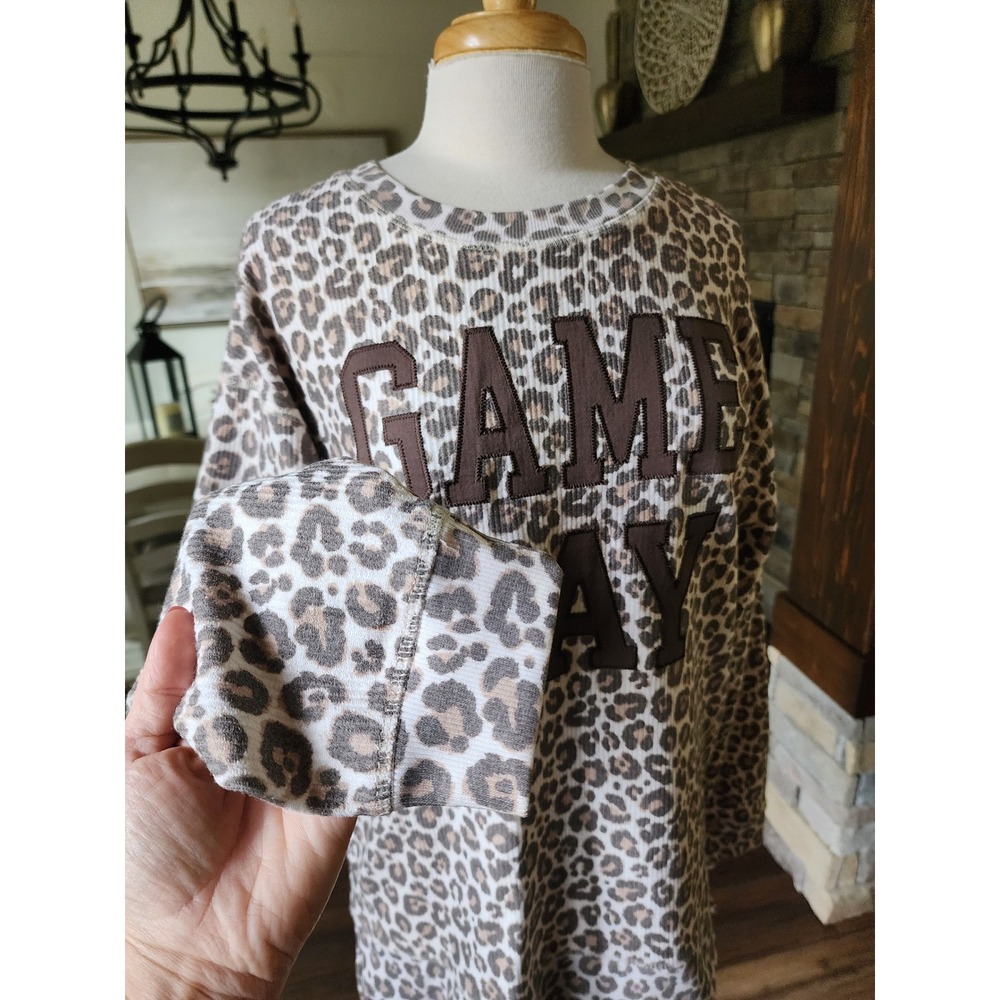 NWOT Boutique Leopard Print Game‎ Day Long Sleeve Ribbed Sweatshirt Top XLarge - Picture 4 of 9